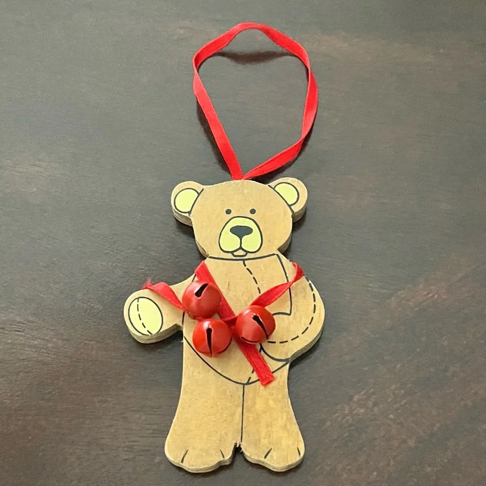 Vintage Kurt S. Adler  Handcrafted Wood Christmas Ornament Bear Red Ribbon Bells